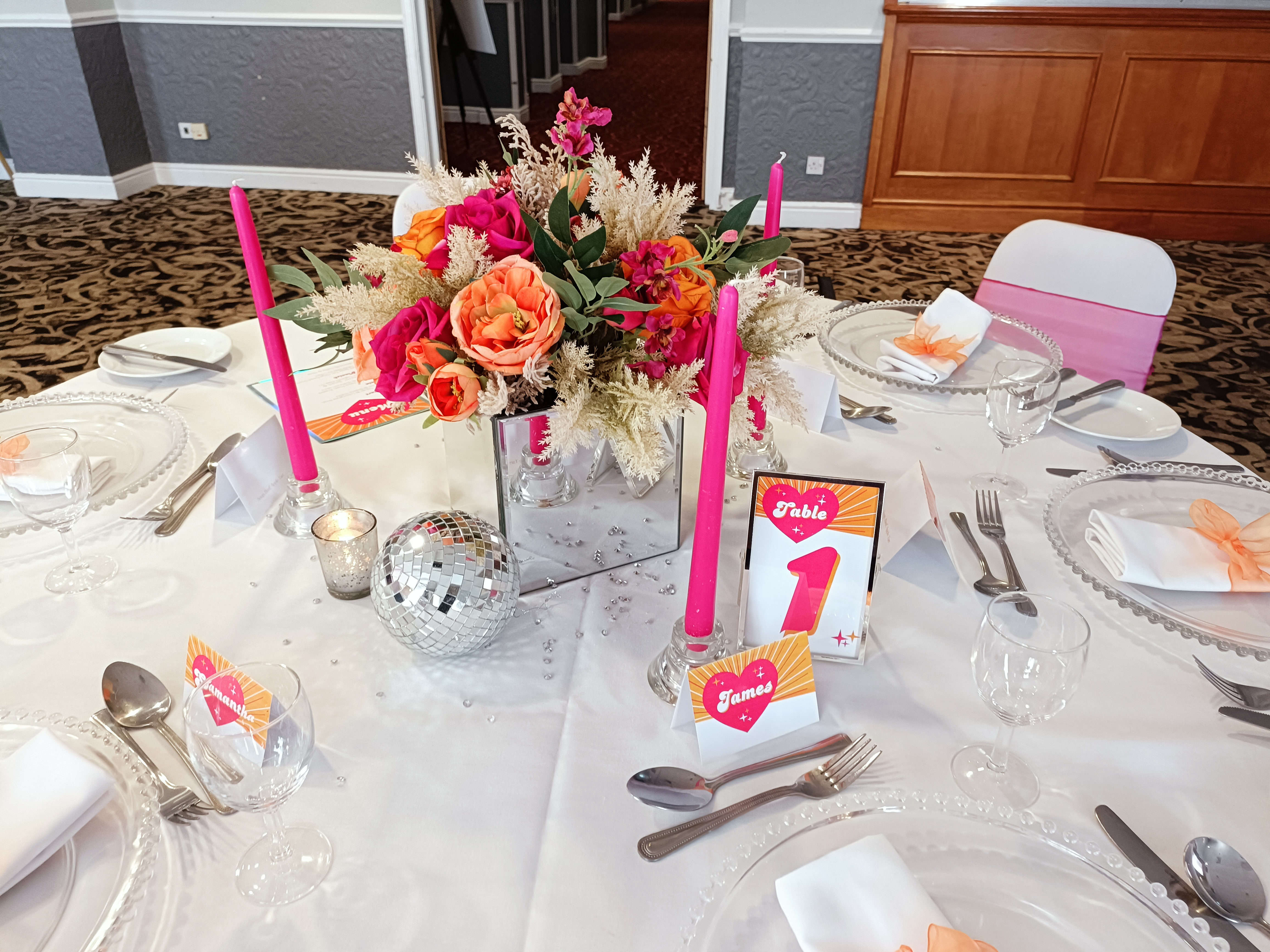 Disco Theme With Mirror Balls & Pink Candles