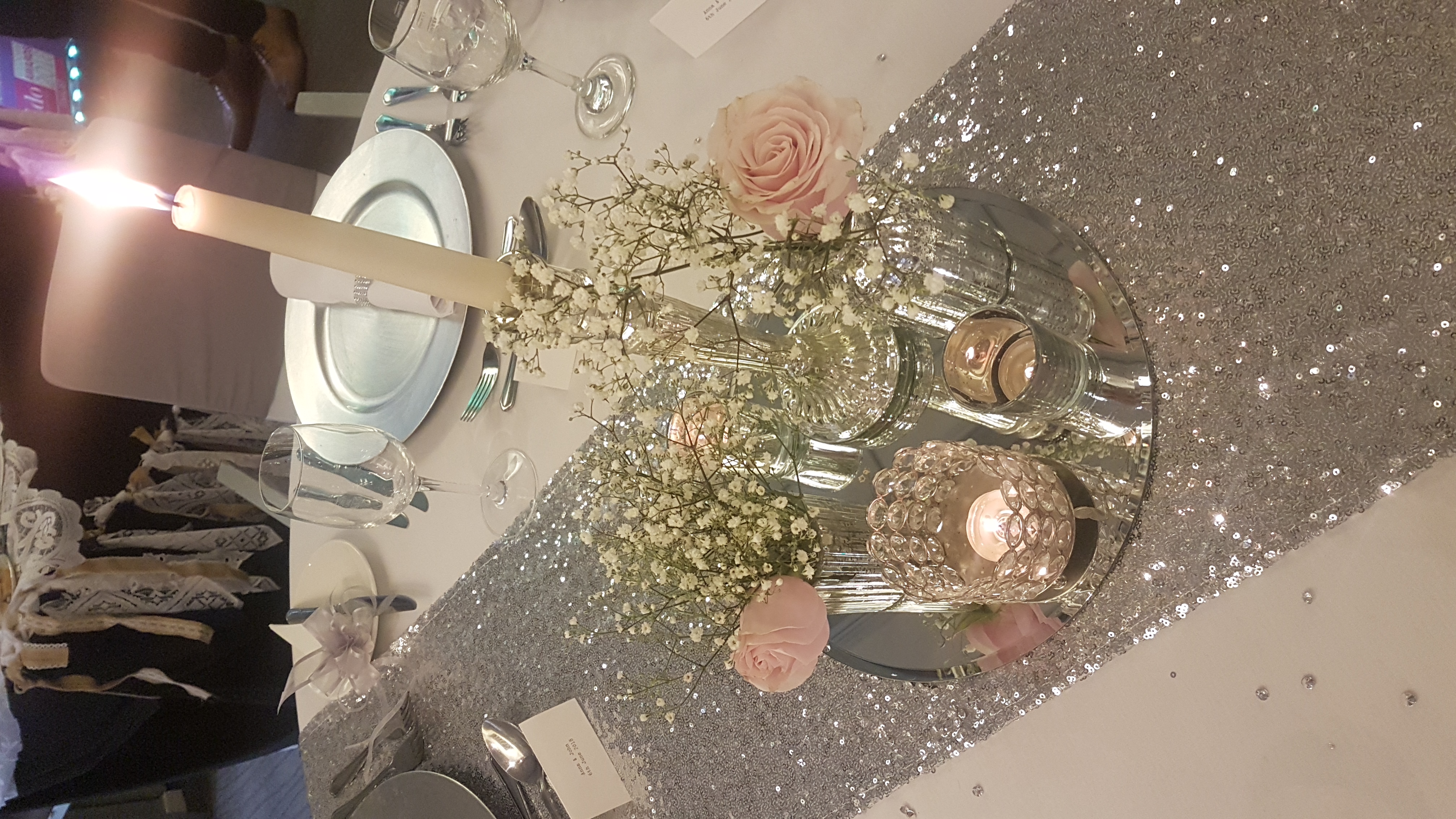 Silver Mercury Quintet With Fresh Pink Roses & Gyp