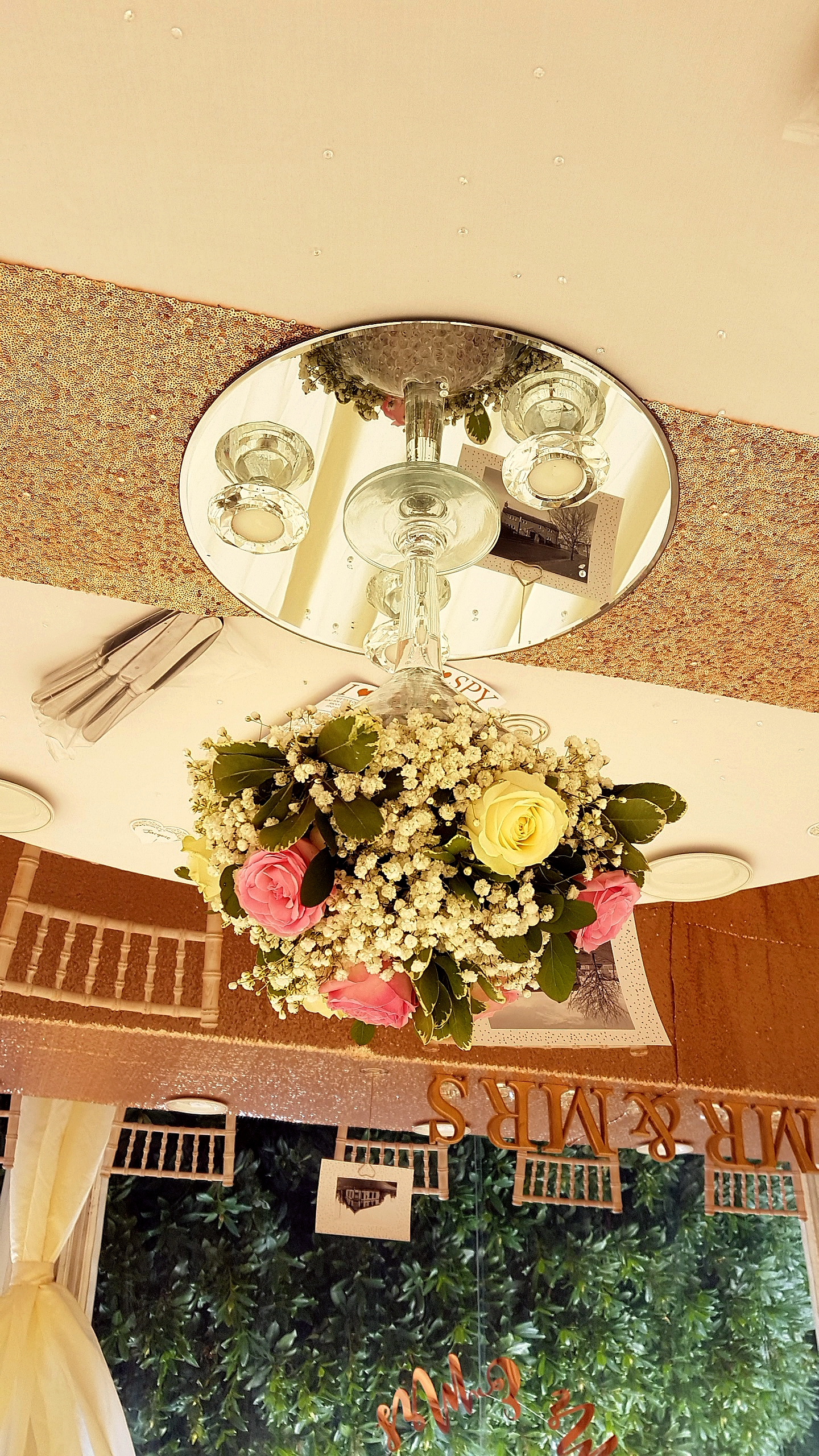 With Fresh Ivory & Pink Roses, Greenery & Gyp