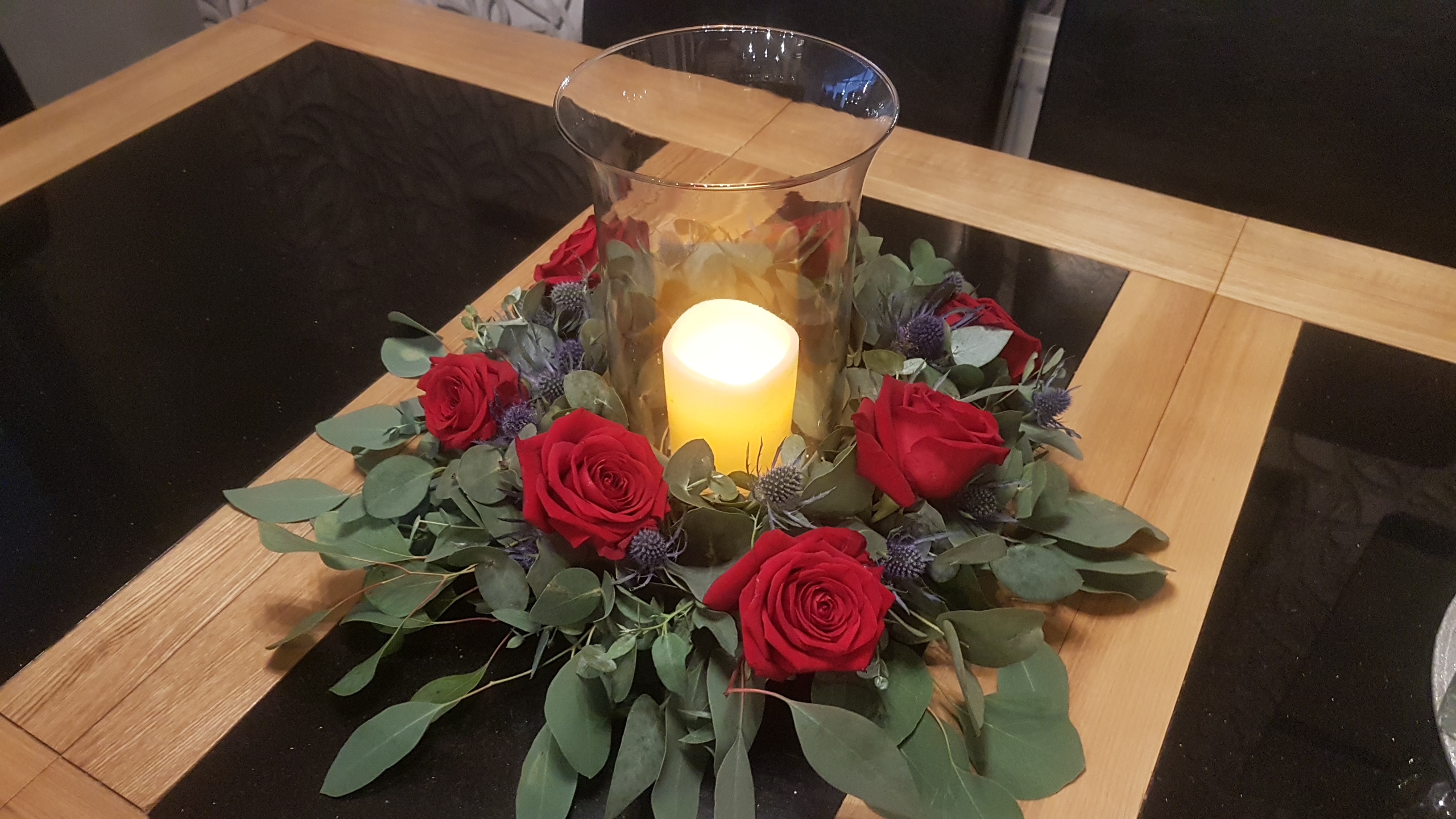 With Fresh Red Roses, Eucalyptus & Thistle