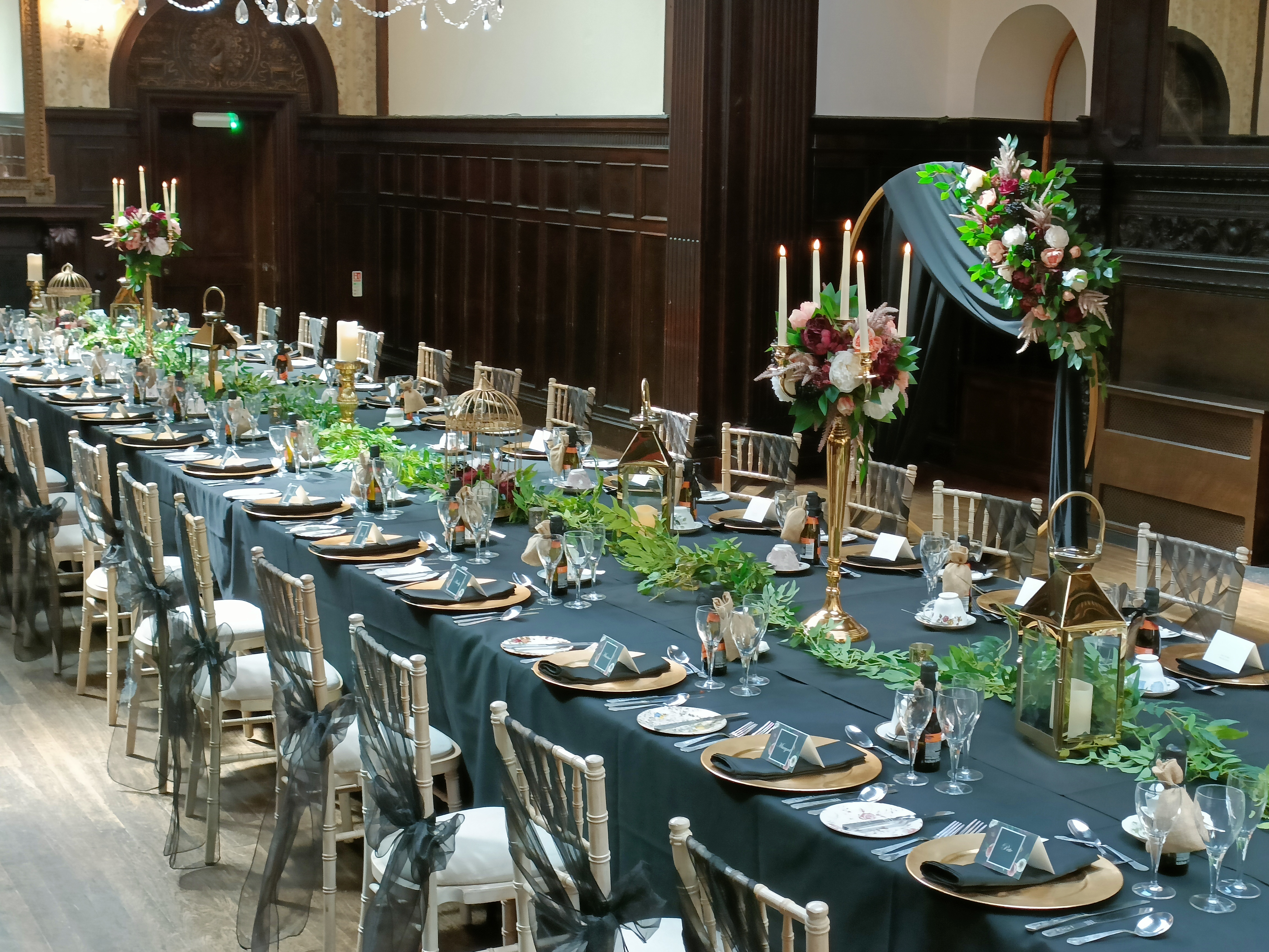 Gold Candelabra, Birdcage, Lantern and Mixed Mercury With Artificial Ruscus Garlands