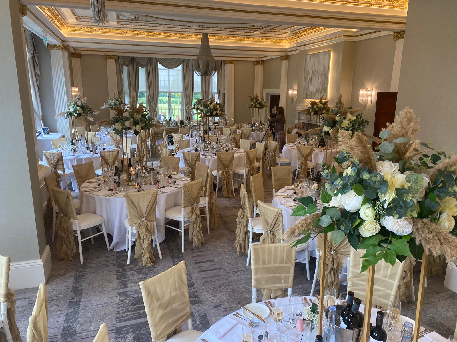 Gold Geometric Stand With Ivory Florals, Greenery & Pampas Inserts