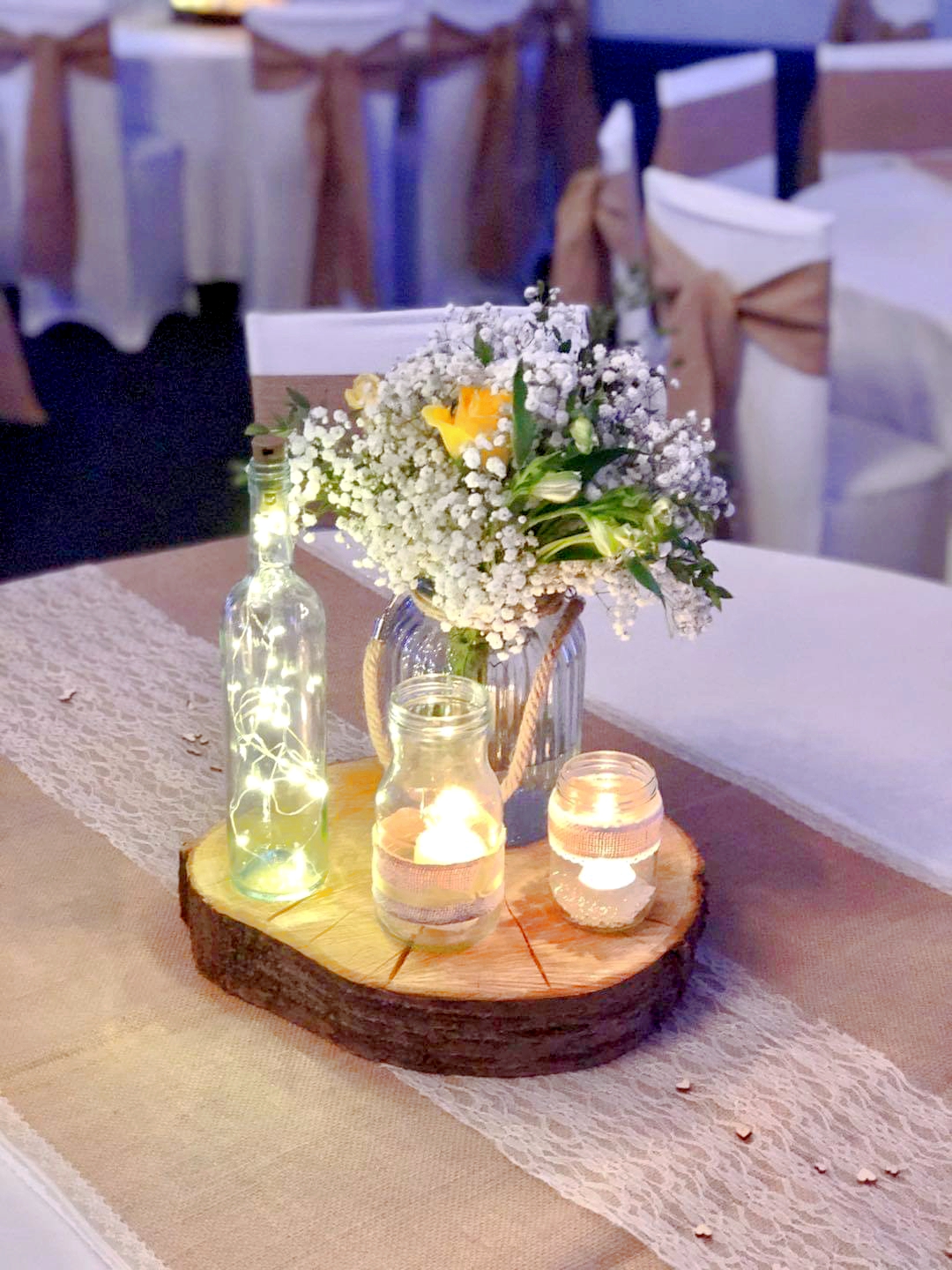 With Fresh Gypsophila, Yellow Rose & Alomestria, Plus Quad Of Rustic Jars.
