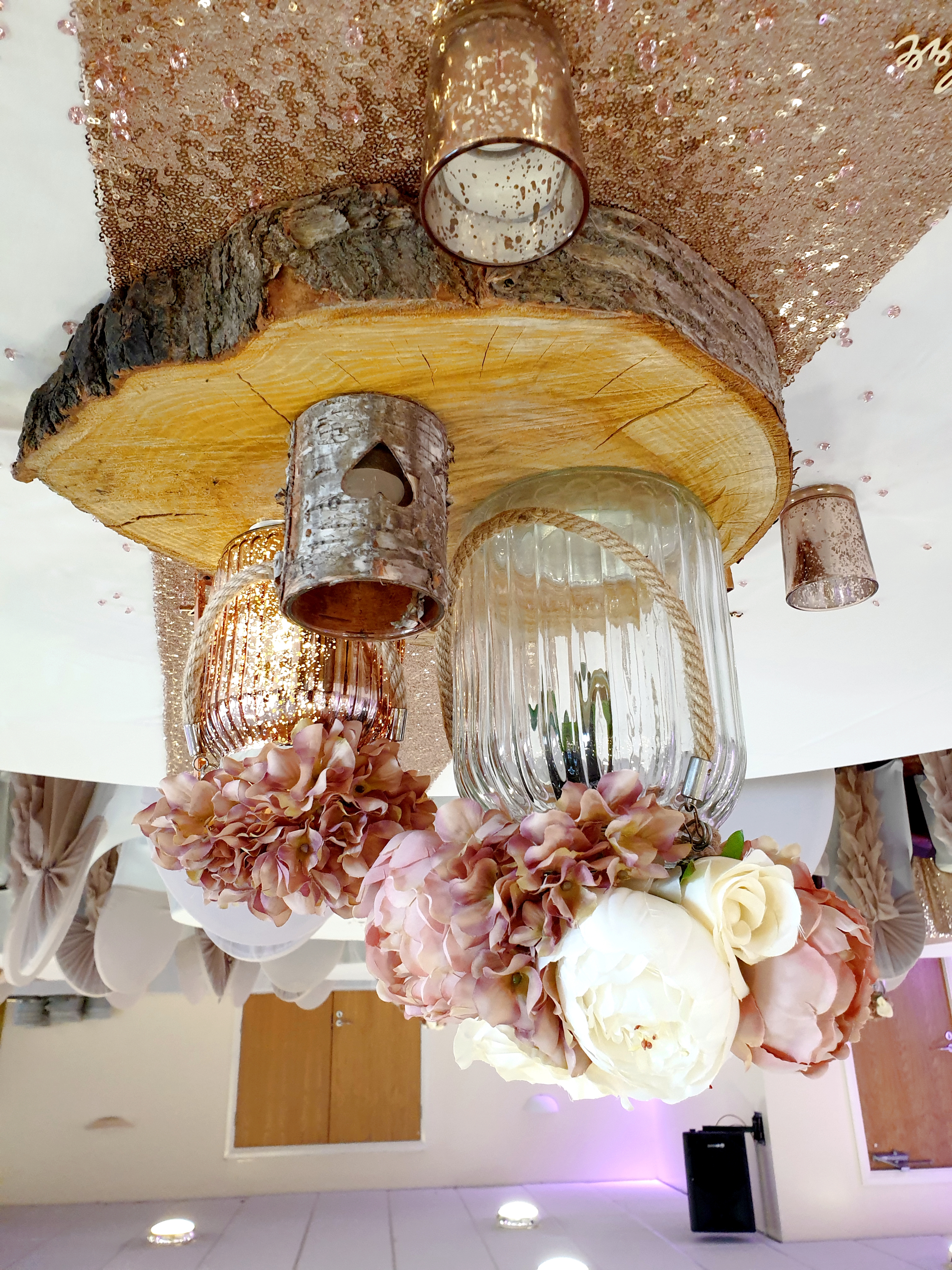 Trio Of Rustic Mixed Centrepiece With Artificial Ivory & Blush Roses & Hydrangea With 2nd Posy of Hydrangea