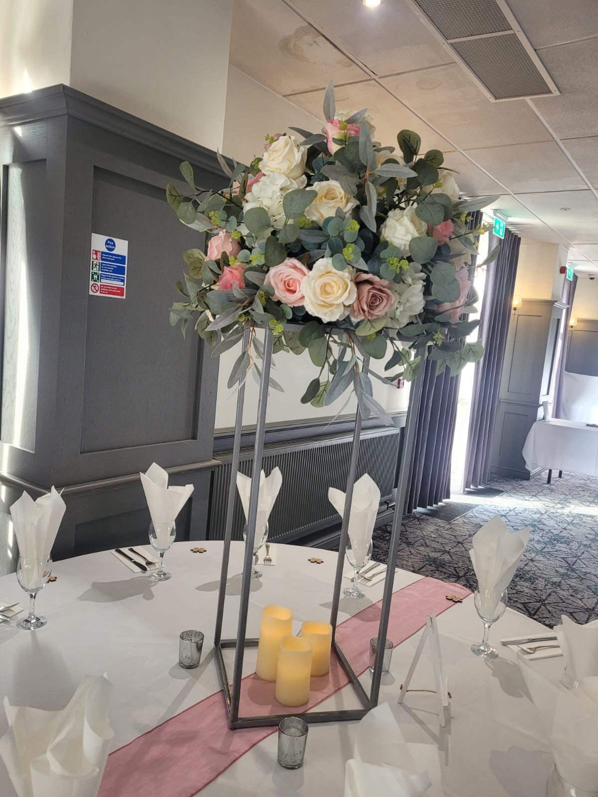 Silver Geometric Stand With Greenery, Ivory & Blush Florals