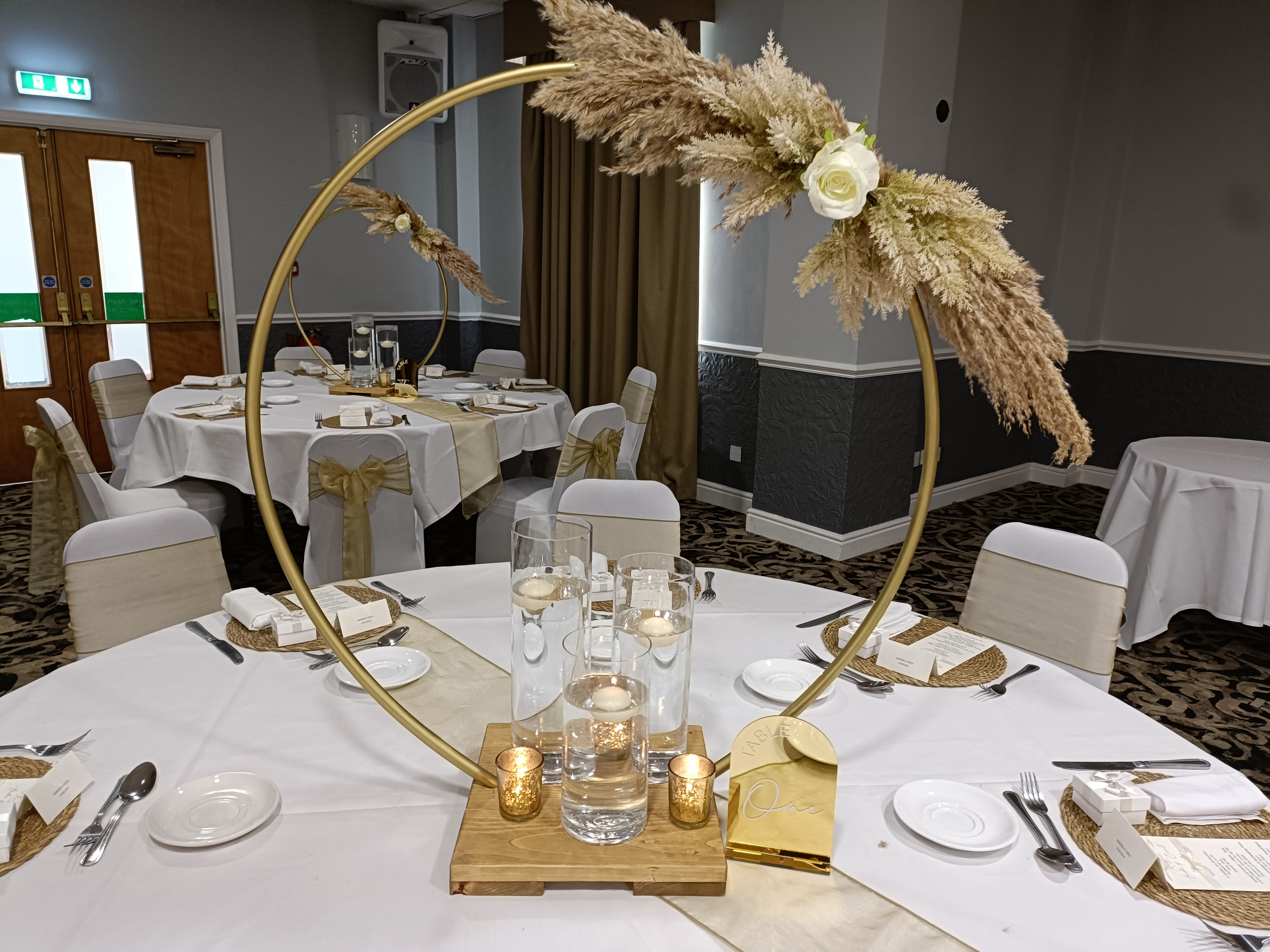 Gold Hoop With Pampas & Cream Roses