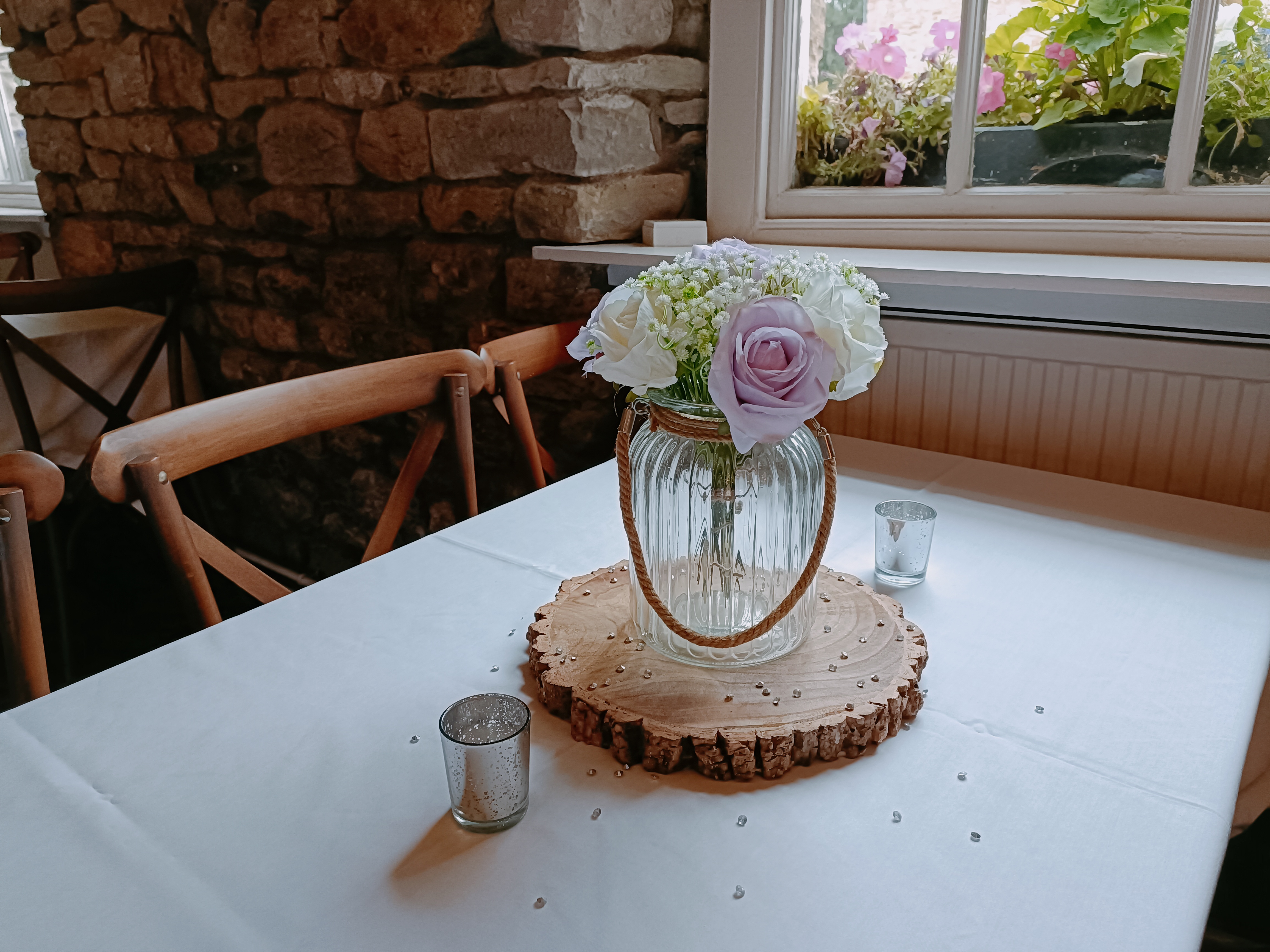 With Artificial Gyp, Lilac & Ivory Roses.