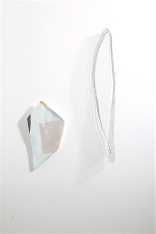 Anie Nheu. A silver voice from the corner, 2018. Diptych. Paper clay, egg tempera paint, wire mesh. 45x30cm assembled.