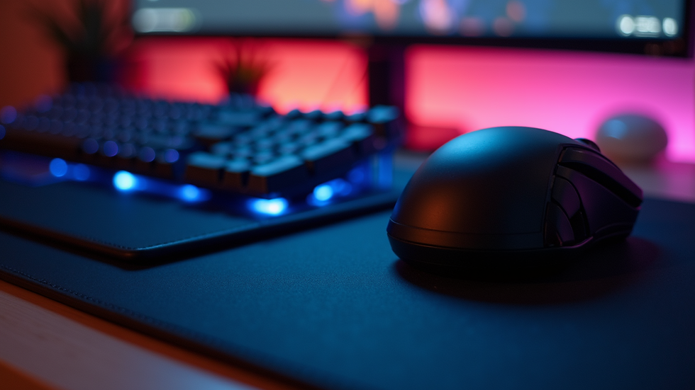 Eye-level view of a gaming keyboard and mouse on a desk
