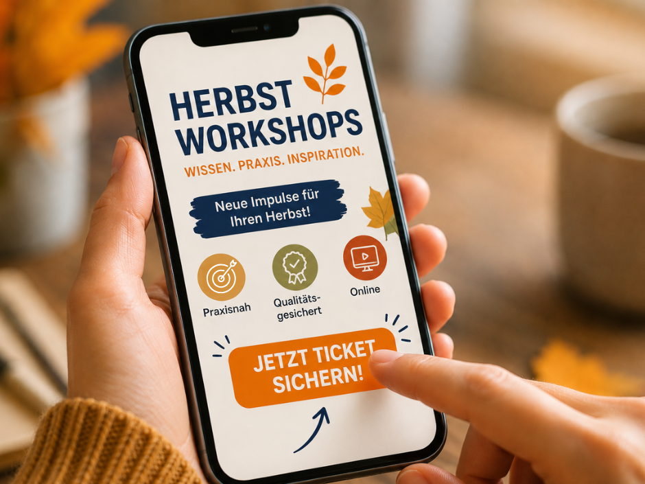 Auf einem Smartphone steht "Herbstworkshops, jetzt Tickets sichern"