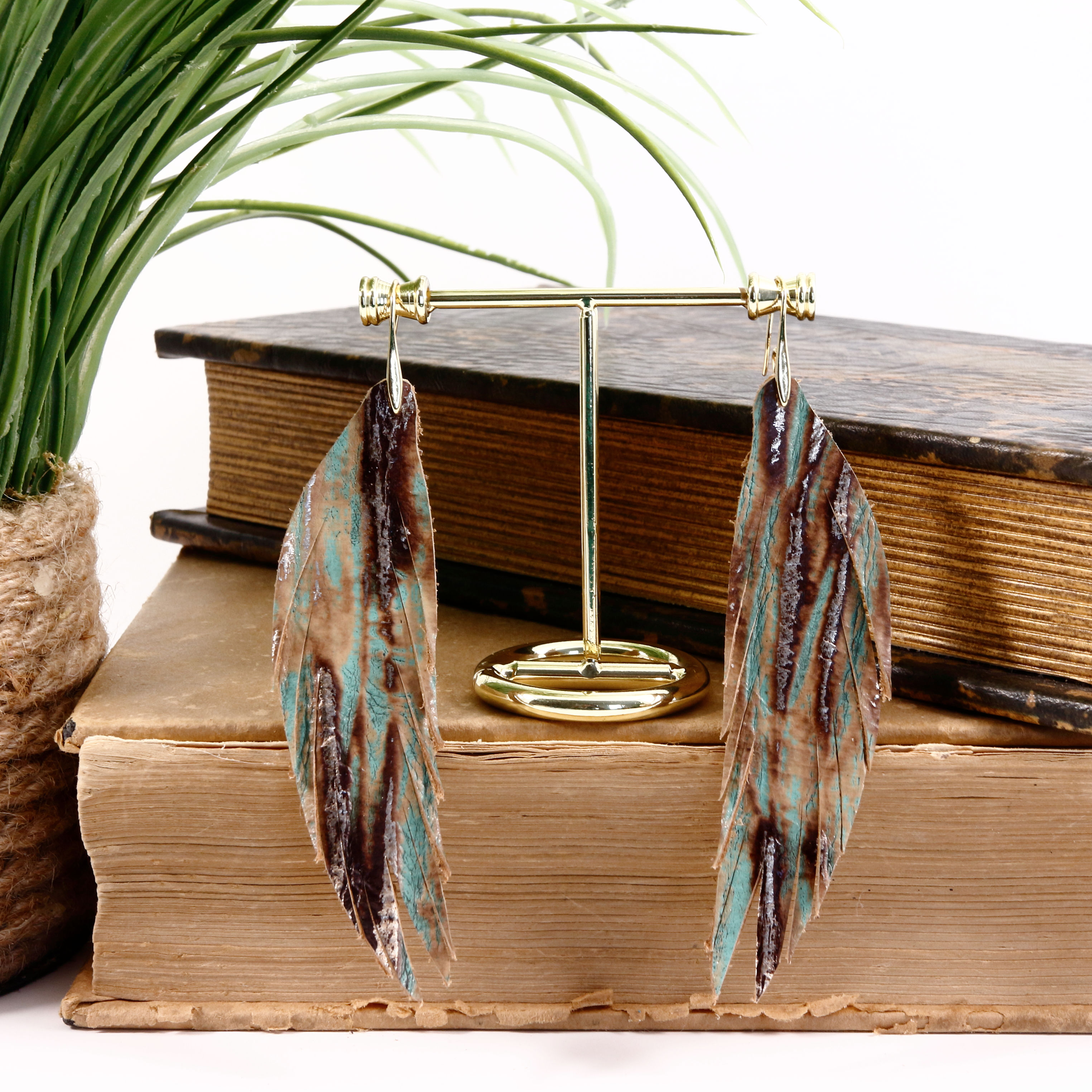 Short Embossed Bronze Striped Beachwood Feather Earrings