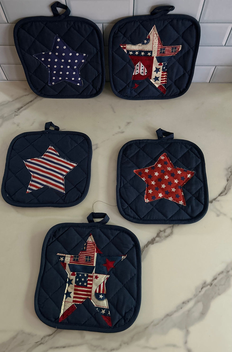 Thumbnail: Appliqued navy blue pot holder with raggy patriotic pot holder🇺🇸