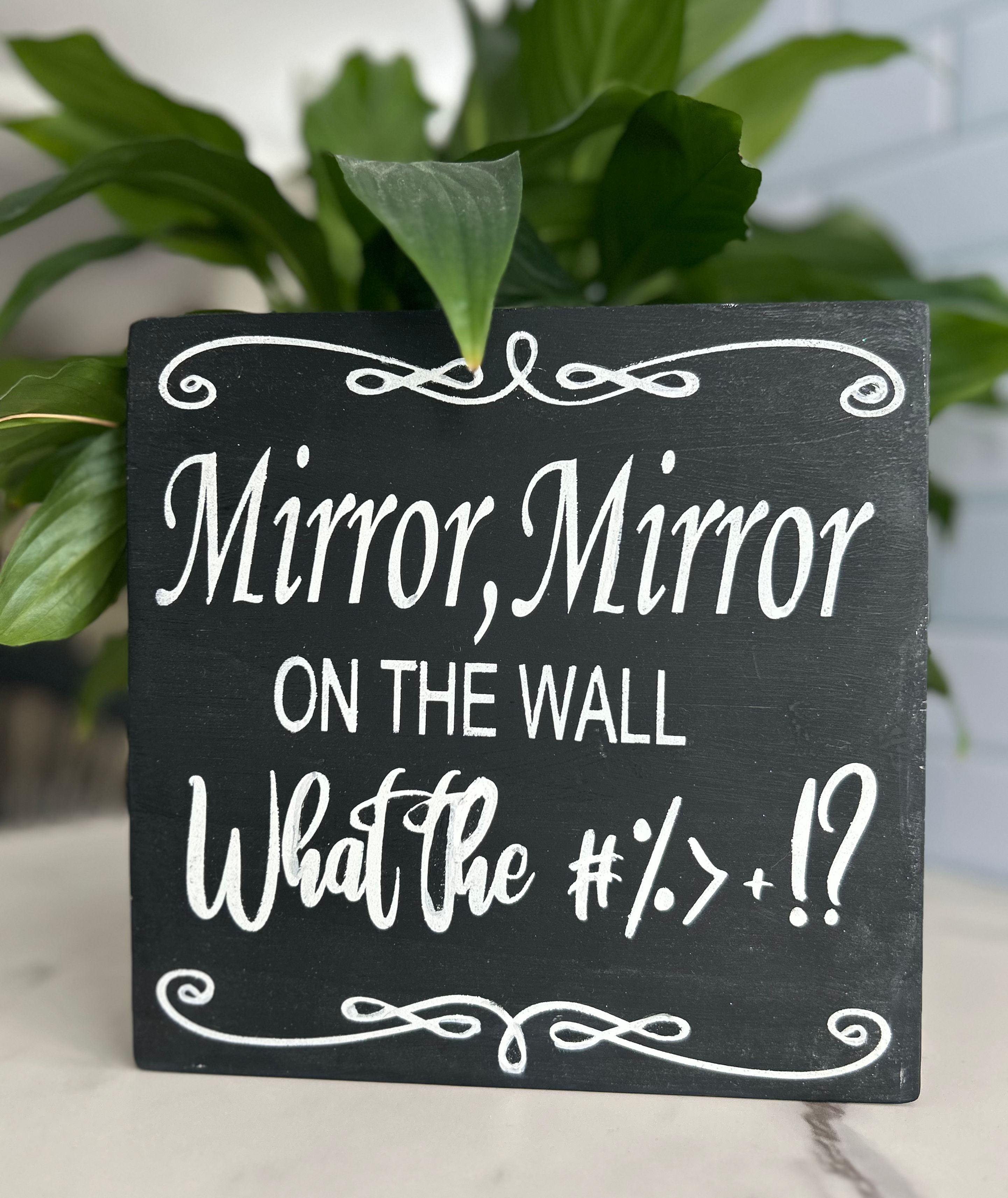 A funny bathroom sign “Mirror,Mirror on the wall What the #%>+!?