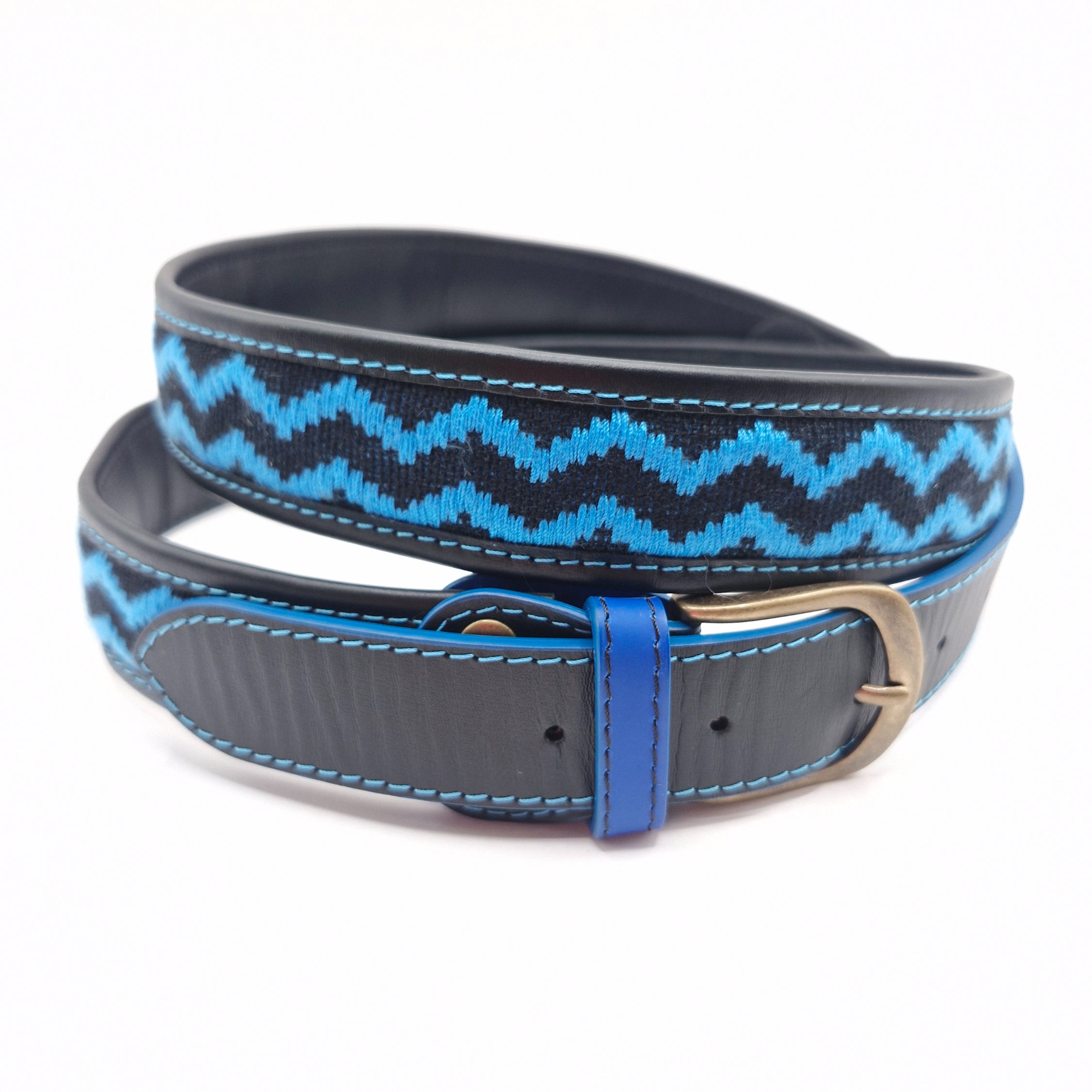 Ceinture femme en cuir et tissu ethnique, Arthur noir-turquoise