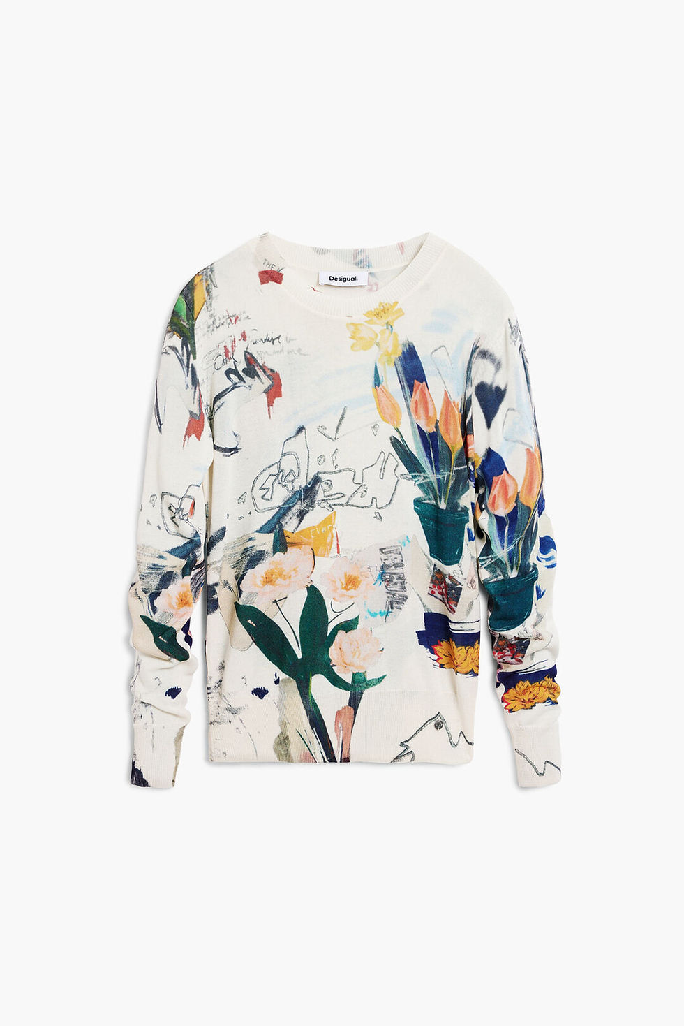 Thumbnail: Desigual SWJF35 Thin Sweater With Plant Print in white