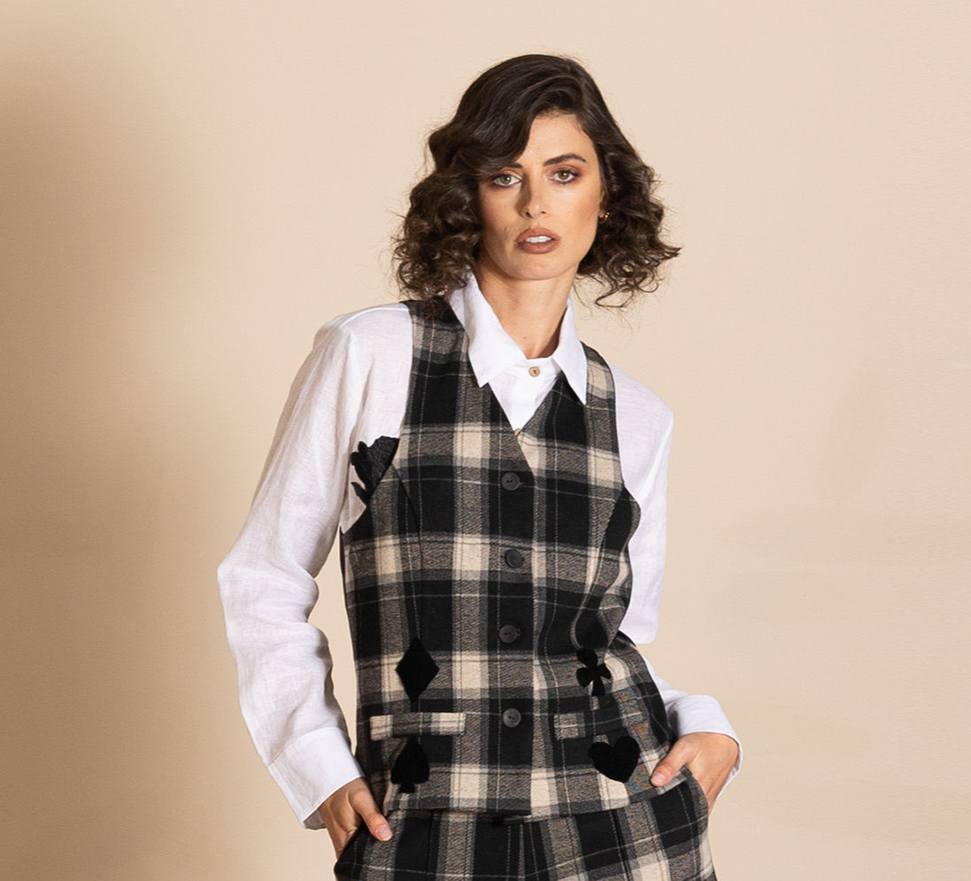 Megan Salmon Aberdeen Waistcoat in black check (without velvet motifs )