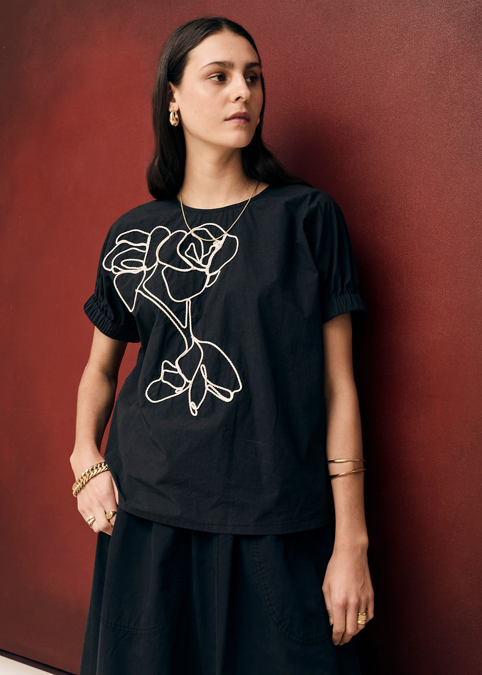Thumbnail: Pol Ivy Cornelli Embroidered Top in black/chalk