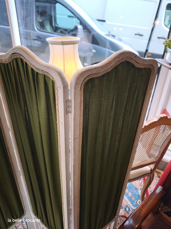 Miniature : petit paravent structure bois creme et tissus vert 3 ventaux hauteur 120 cm