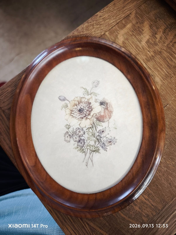 Miniaturbild: Cadre photo ovale en bois motif floral fleurs marron beige taille 22 x 18 cm
