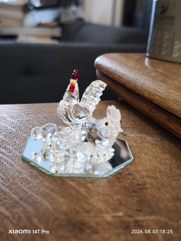 ensemble coq poule et 3 poussins sur plaque miroir en cristal de swarowski