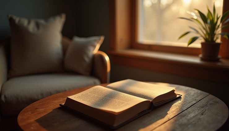 Eye-level view of a cozy reading nook with soft lighting and a journal on a small table