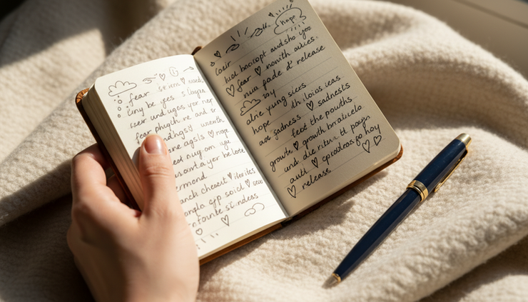 Close-up of a hand holding a small notebook with handwritten thoughts.