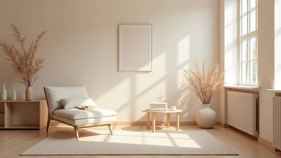 Close-up view of a serene therapy room with soft lighting and comfortable seating