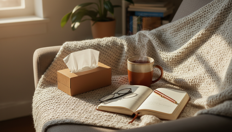 Overhead view of a warm mug, tissues, and an open journal on a soft blanket.