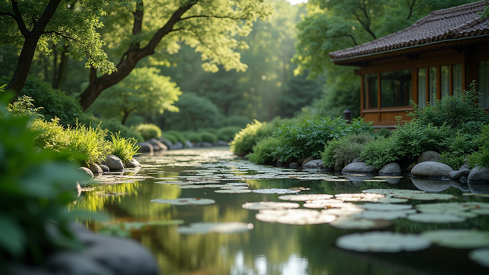Eye-level view of a tranquil garden with a serene pond