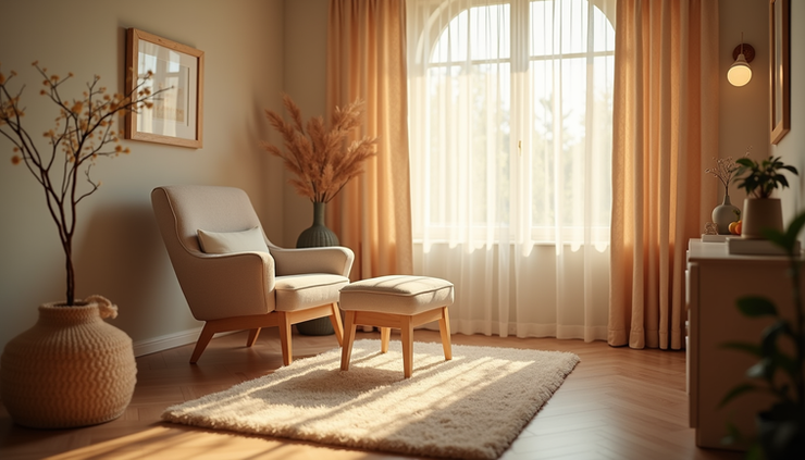 Eye-level view of a cozy therapy room with a comfortable chair and soft lighting