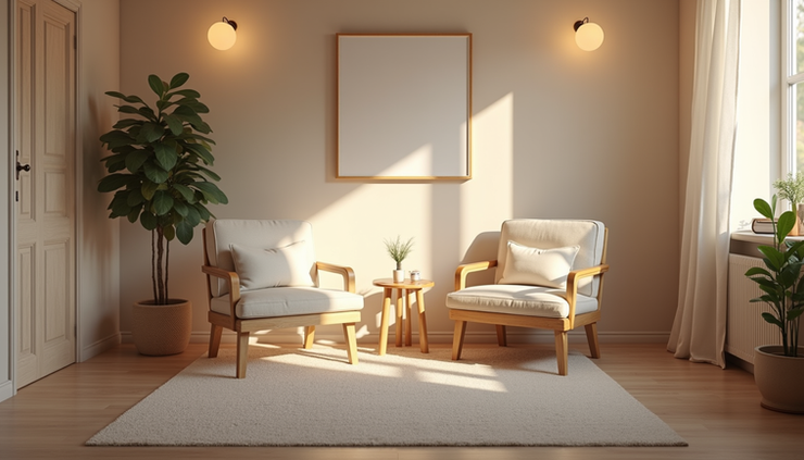 Eye-level view of a calm therapy room with comfortable chairs and soft lighting