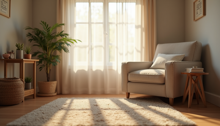 Eye-level view of a cozy therapy office with a comfortable chair and soft lighting