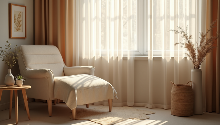 Eye-level view of a cozy therapy room with a comfortable chair and soft lighting
