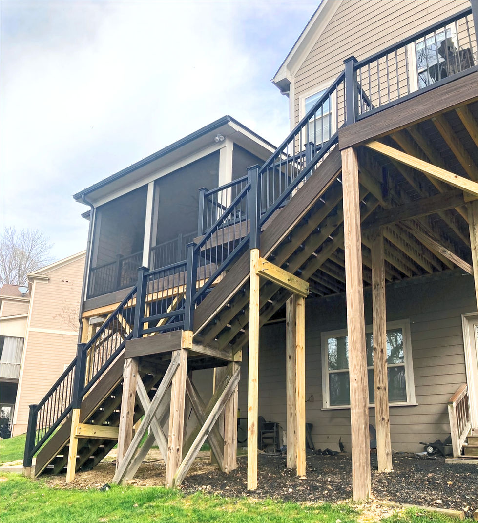 a house with a screened in porch, deck and stairs