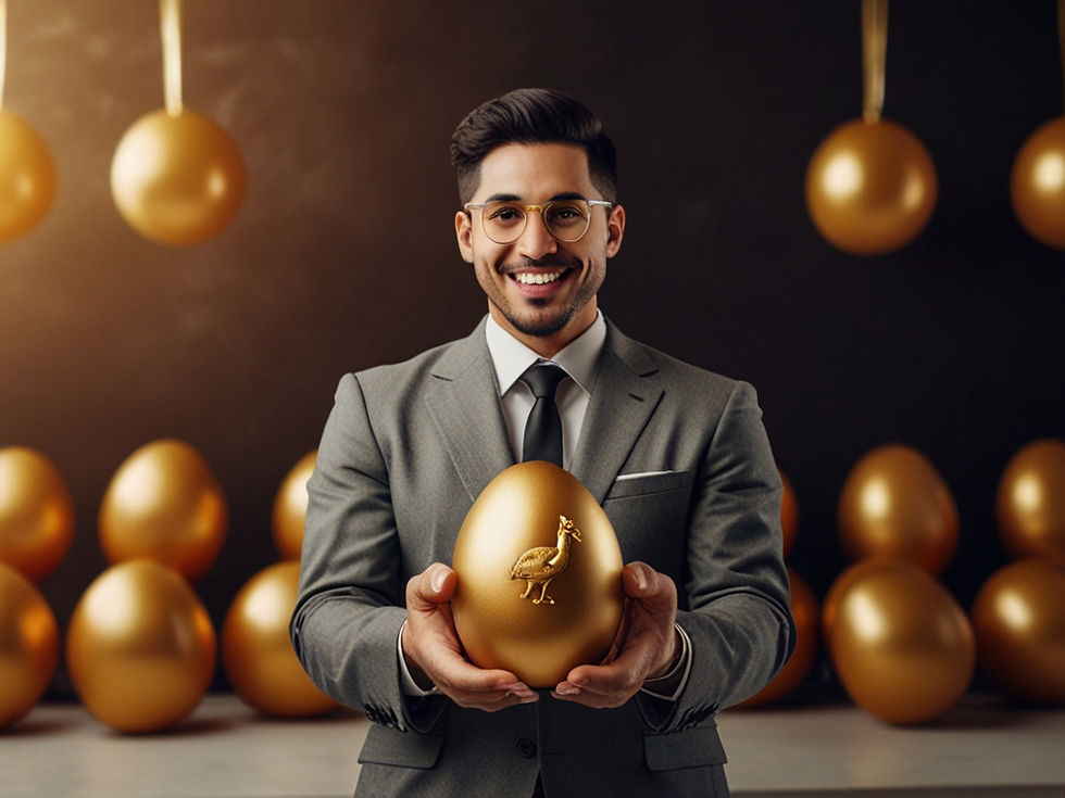 Estrategia de marketing sostenible, metafora de hombre cuidando los huevos de oro de la gallina del cuento