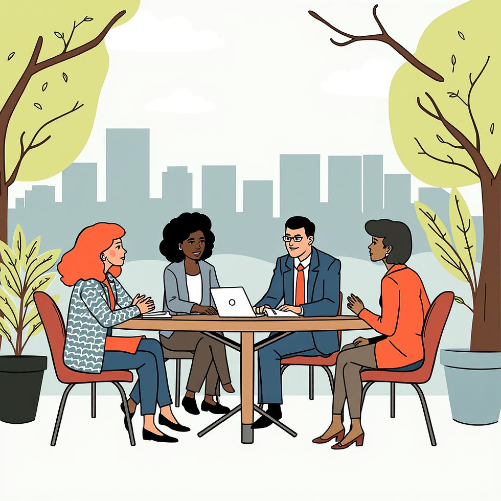 Four coworkers meet around a laptop at an outdoor table, chatting in a park with city skyline and potted trees behind them.