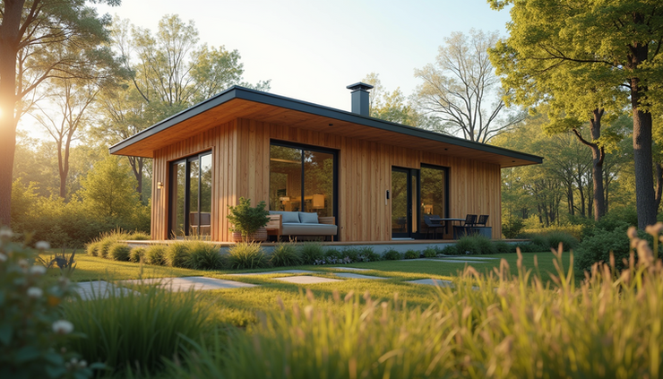Eye-level view of a modern tiny home exterior with natural wood siding and large windows