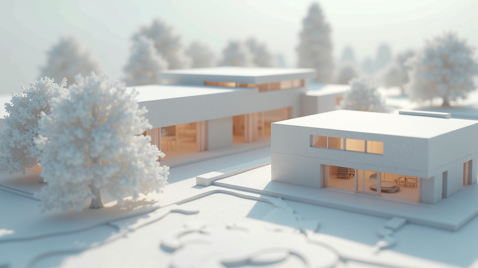 Close-up view of a detailed 3D architectural model rendered in 3ds Max