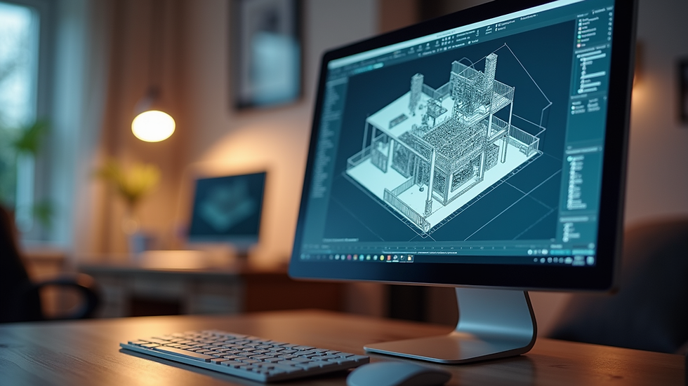 Eye-level view of a computer screen showing 3D architectural modeling software