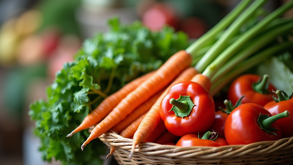 Close-up view of fresh organic vegetables in a basket