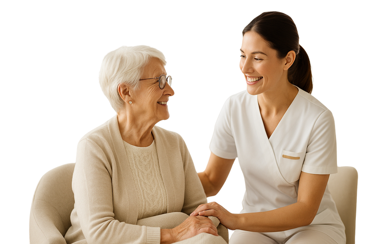 Pflegekraft spricht mit Seniorin – Pflegekräfte Recruiting, Altenpflege, Bewerbung Pflegepersonal