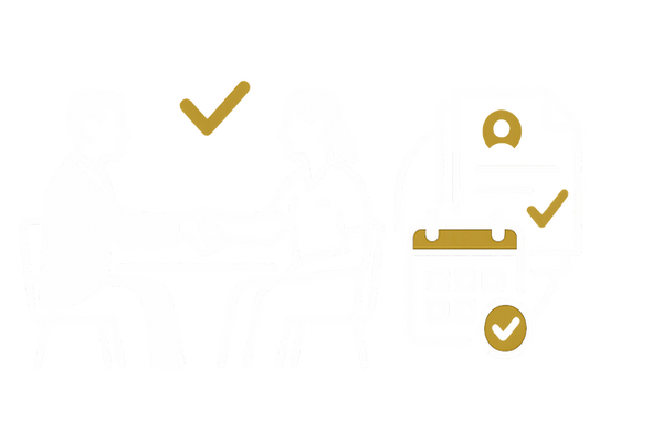 Recruiting-Symbol mit Dokumenten und Kalender – Weiß-goldenes Icon mit Bewerbungsunterlagen, Kalender und Häkchen-Symbolen.