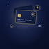 Ilustração de um cartão cripto com o símbolo do bitcoin, ao lado de um ponto de interrogação, um escudo de segurança e um olho riscado representando privacidade
