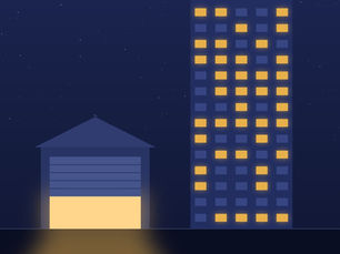 Ilustração de uma garagem iluminada ao lado de um prédio alto à noite