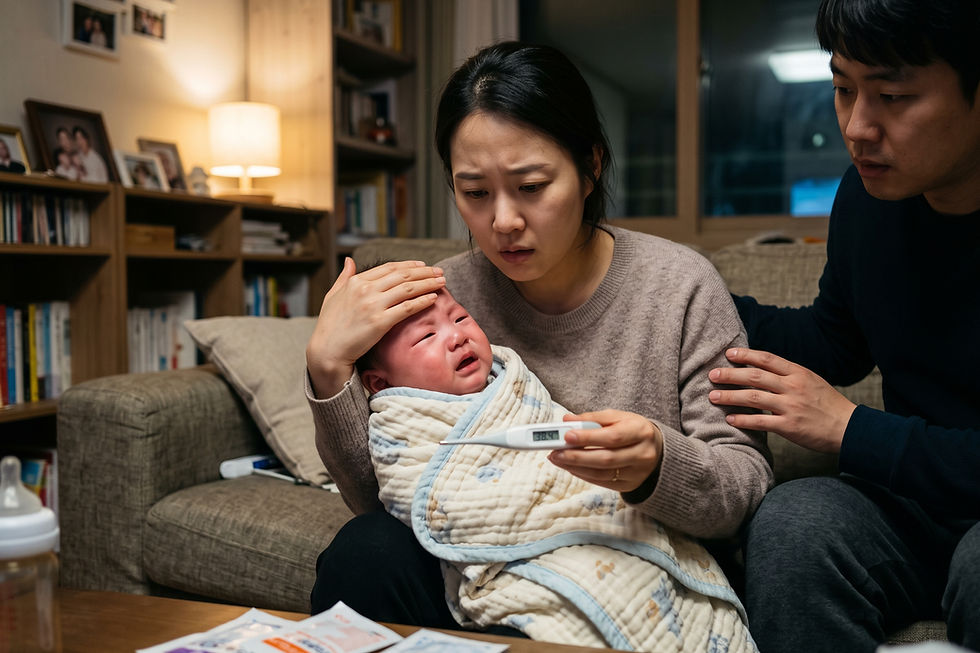질문 일러스트: 생후 103일 아기, 감기약(항생제 포함) 복용 중 38.4도 열이 나는데 응급실에 가야 할까요?