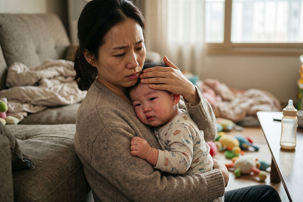 질문 일러스트: 14개월 아기, 중이염과 부비동염으로 한 달째 미열이 지속되는데 입원이나 피검사가 필요할까요?