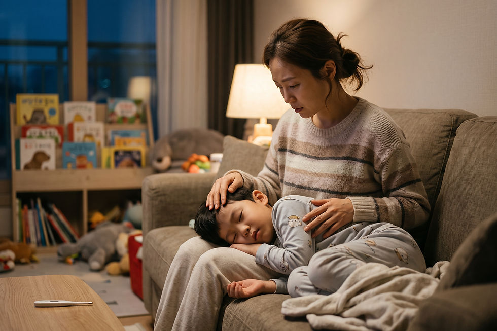 의사 답변 일러스트: 폐렴 기미로 항생제를 바꿨는데, 하루에 한 번씩만 길게 텀을 두고 열이 나기도 하나요?