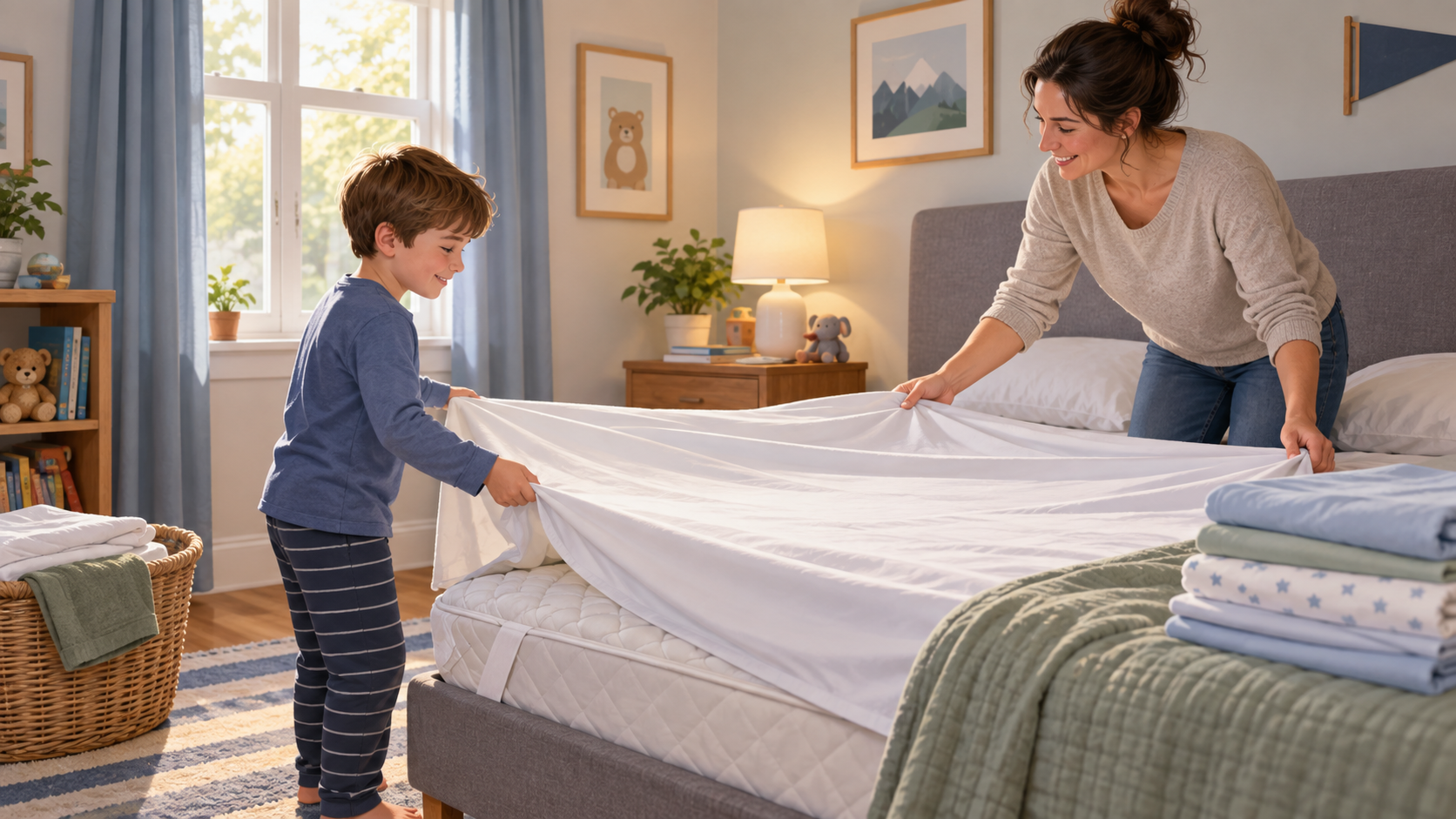 A smiling child and parent spread a clean sheet over a bed in a sunlit bedroom, with folded bedding nearby.