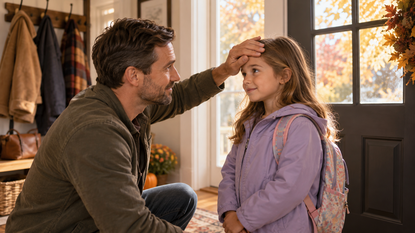 Father gently checking his young child's forehead before school on a fall morning
