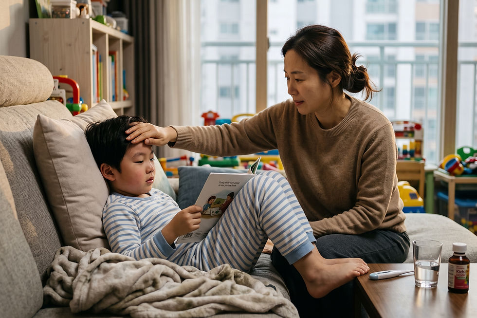 질문 일러스트: 7세 아이가 감기 증상 후 미열이 반복되는데 내일 소아과 진료를 봐야 할까요?